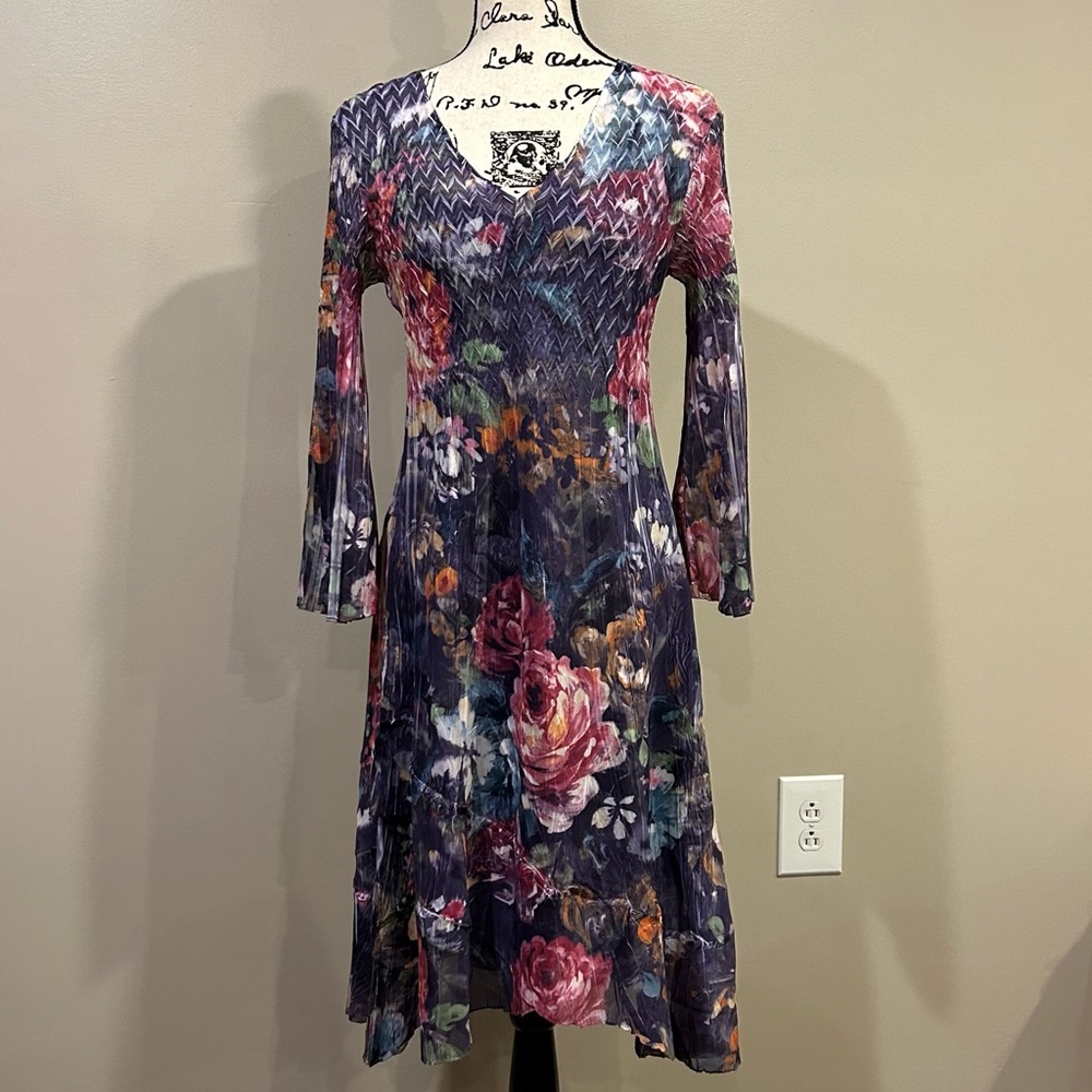 Komarov Floral V-Neck Long Bell Sleeve Pleated A Line Dress